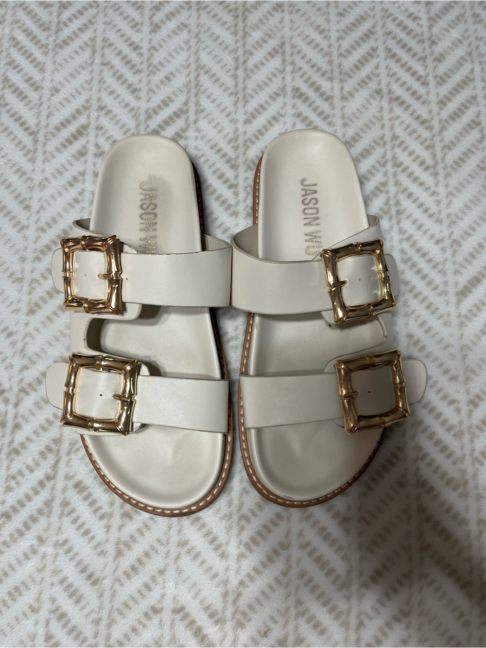 Jason Wu Cream Double-Buckle Slide Sandals with Gold Buckles 8